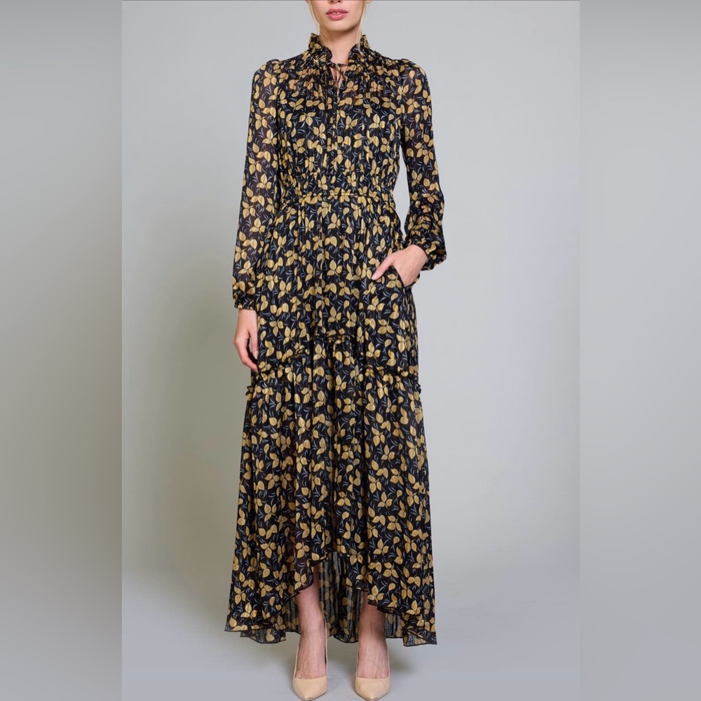 Melloday Leaf Print High-Low Long Sleeve Maxi Dress